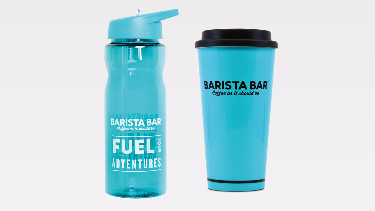 Blue reusable water bottle and coffee cup