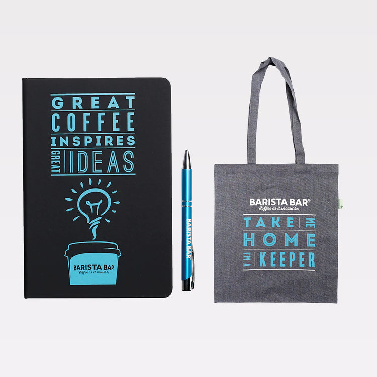 Notebook, Blue Pen and Grey Tote Bag